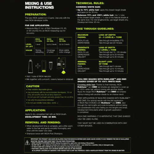INOA hair color mixing and use instructions with preparation, caution, application, and technical guidelines