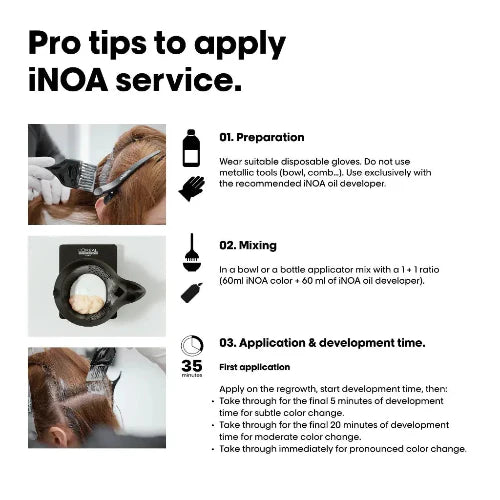 Pro tips for applying iNOA hair color service with preparation, mixing, and application steps
