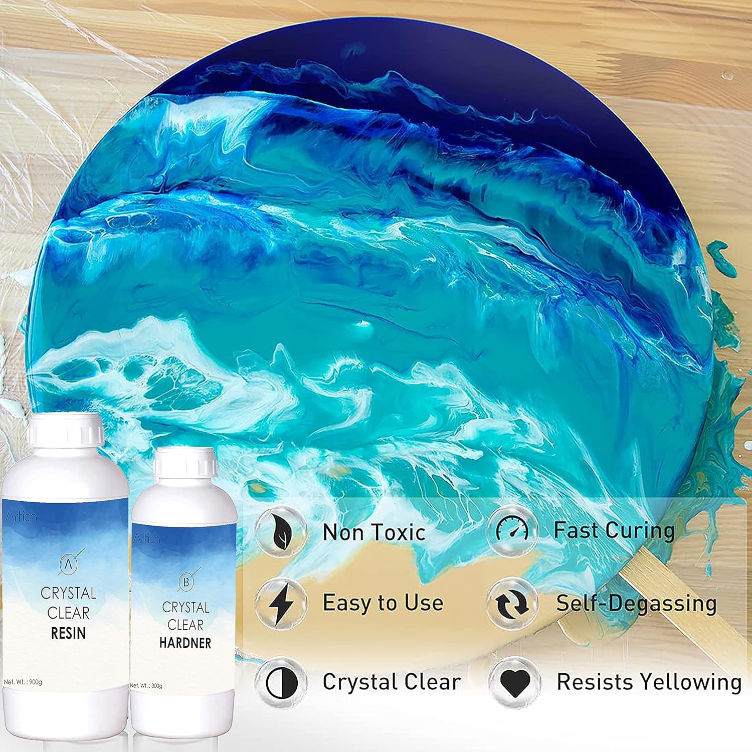 Artich Epoxy Resin Art Kit Crystal Clear Epoxy Resin And Hardener high gloss finish, non-toxic, UV Resistant